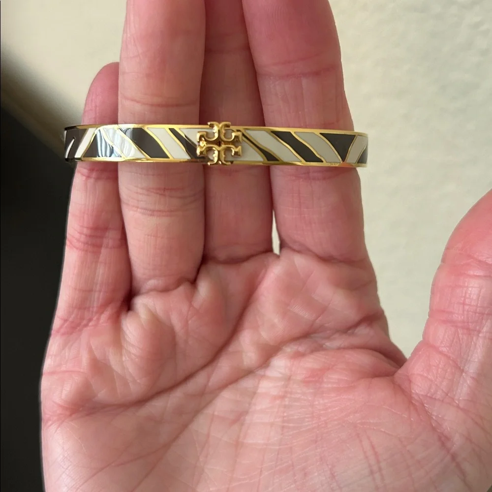 Tory Burch Zebra Print Kira Enamel 7mm Gold Hinge Bracelet Style #153654 NWT